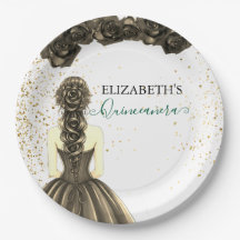 Green & Black Quinceañera Custom Paper Plat