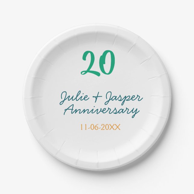 Prato De Papel Green blue 20th anniversary name date orange  (Frente)