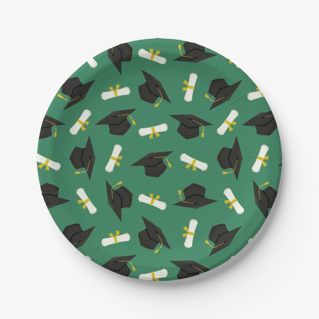 Prato De Papel Green Caps Diplomas Pattern Graduation Party (Frente)