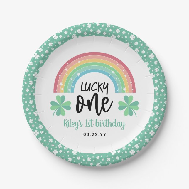 Prato De Papel Green Clover & Rainbow Lucky One First Birday (Frente)