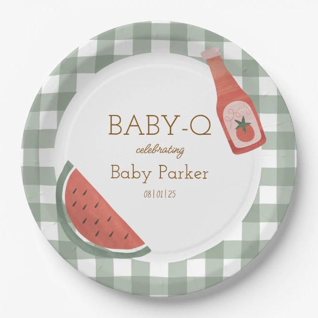 Prato De Papel Green Gingham Baby-Q Circular Plate (Frente)