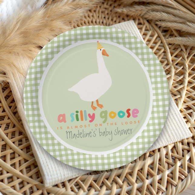 Prato De Papel Green Gingham Neutral Silly Goose Baby Shower (Criador carregado)