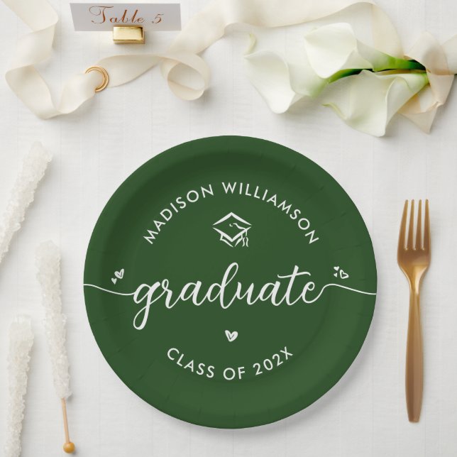 Prato De Papel Green Graduation Script Hearts Cap Icon Modern Fun (Casamento)