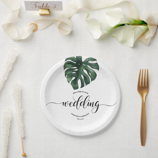 Prato De Papel Green Monstera Leaf White Paper Plates (Casamento)