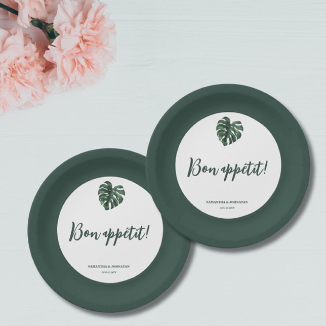 Prato De Papel Green Monstera Leaf White Paper Plates (Criador carregado)