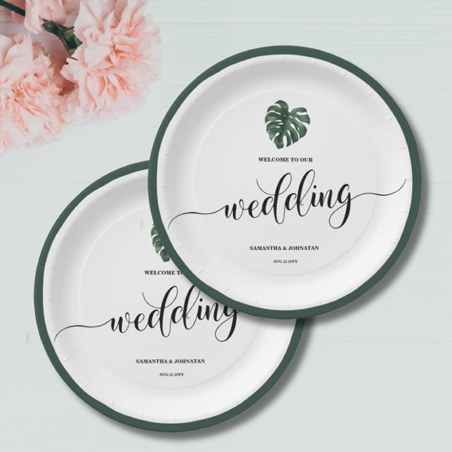 Prato De Papel Green Monstera Leaf White Paper Plates (Criador carregado)