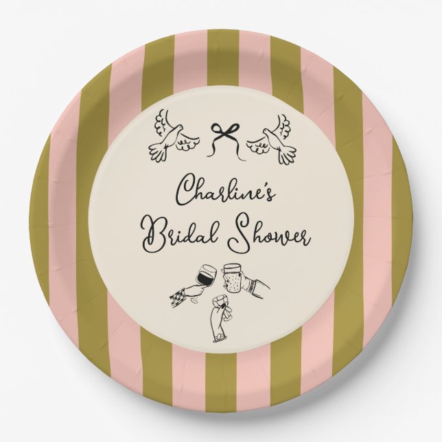Prato De Papel Green Pink Striped Cute illustrated Bridal Shower (Frente)