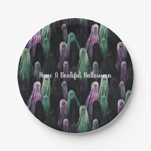 Prato De Papel Green Purple Black Ghosts Bootiful Halloween (Frente)