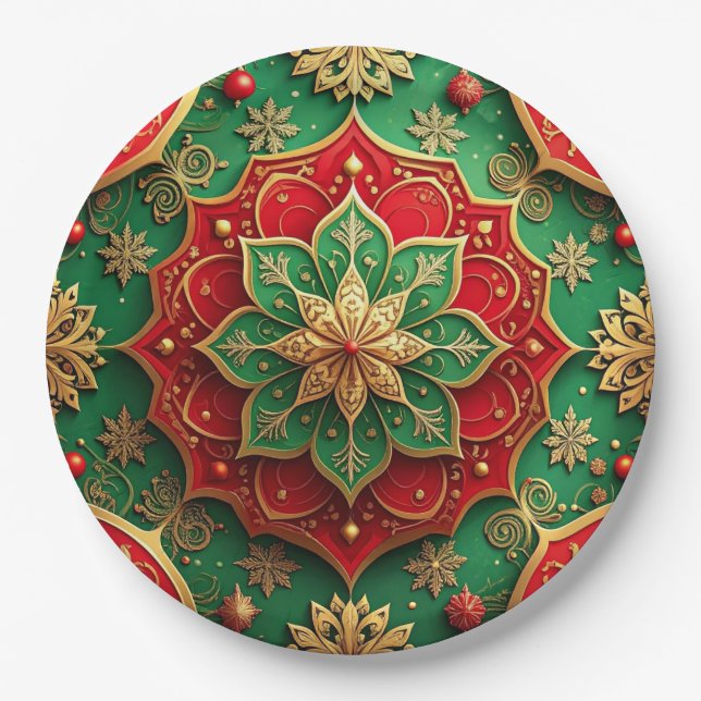 Prato De Papel Green Red Decorative Christmas Holiday Paper Plate (Frente)