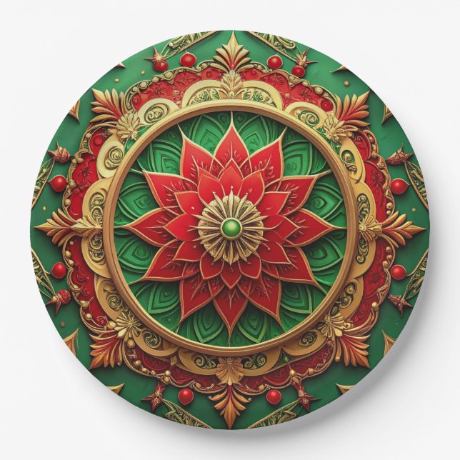 Prato De Papel Green Red Decorative Christmas Holiday Paper Plate (Frente)