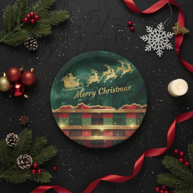 Prato De Papel Green Red Plaid Santa Sleigh Merry Christmas (Criador carregado)
