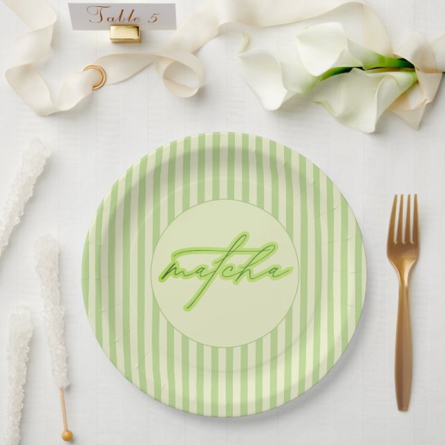 Prato De Papel Green Stripes Matcha Scripted Baby Shower  (Casamento)