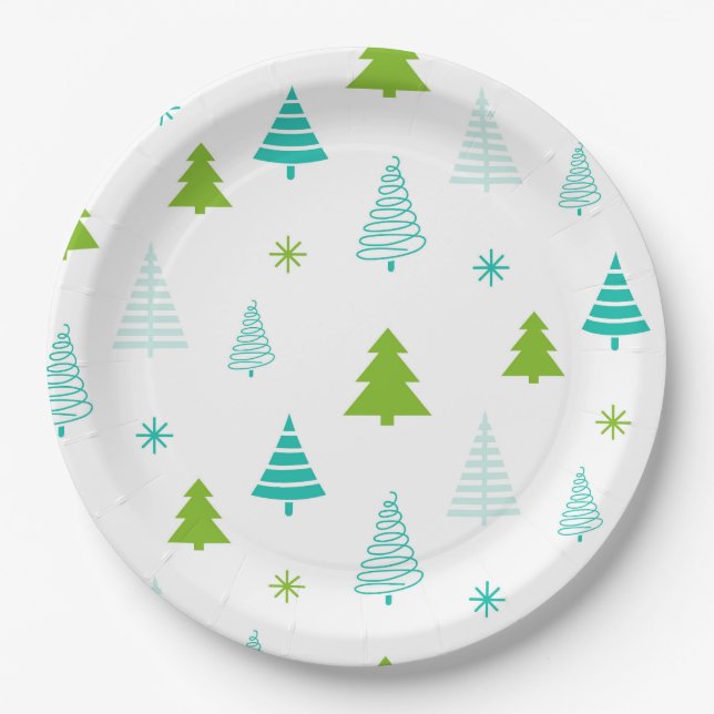 Prato De Papel Green Teal Trees Simple Modern Christmas  (Frente)