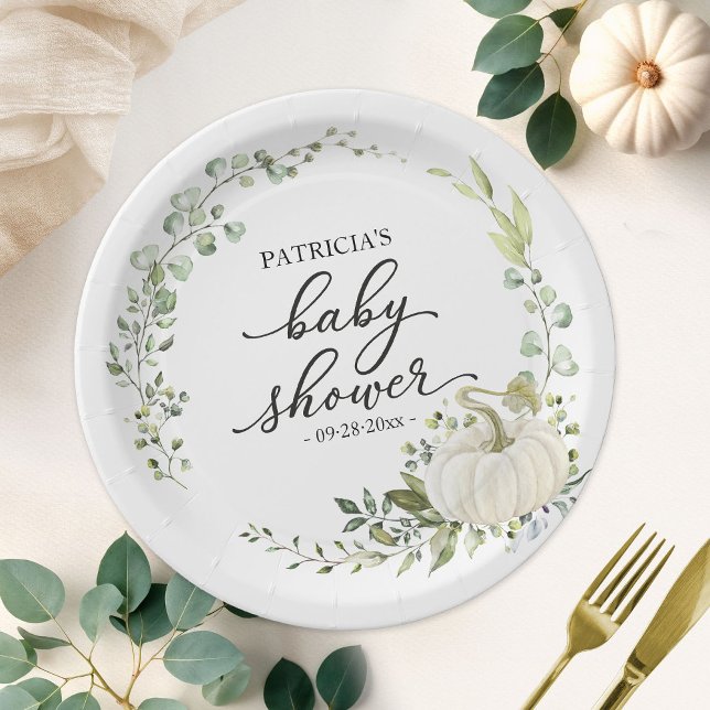 Prato De Papel Greenery Eucalipto Abóbora Chás de Bebê de Outono (Criador carregado)