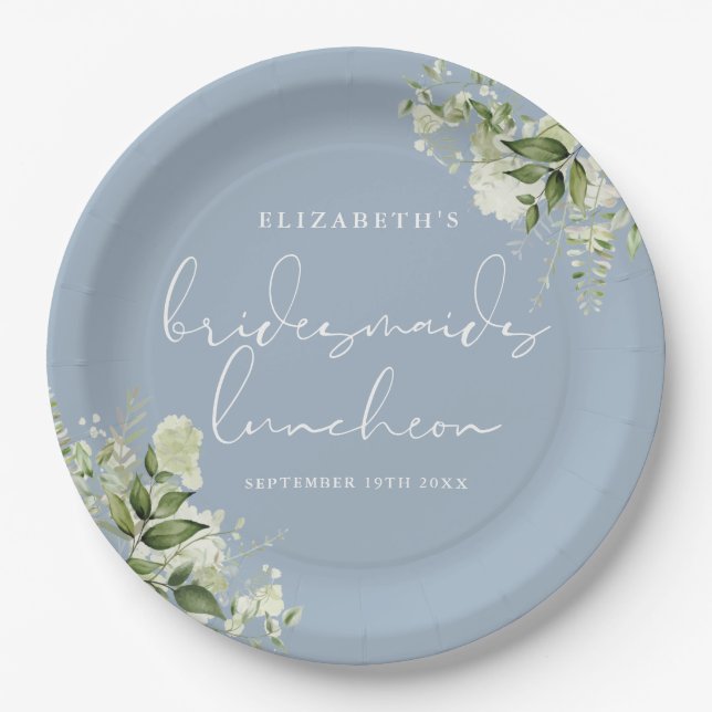 Prato De Papel Greenery Floral Dusty Blue Bridesmaids Luncheon (Frente)
