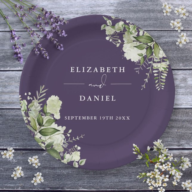 Prato De Papel Greenery Floral Elegante Purple Casamento (Greenery Floral Elegant Purple Wedding Paper Plates)