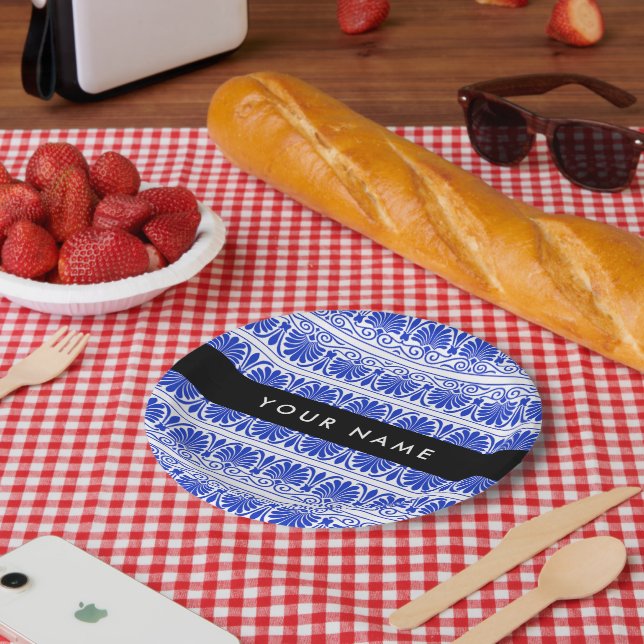 Prato De Papel Grego Fret Arabesque Azul, Seu Nome, Personalize (Piquenique)