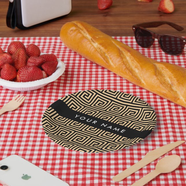 Prato De Papel Grego Meander Key Brown, Seu Nome Personalizar (Piquenique)