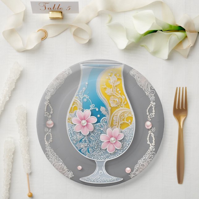 Prato De Papel Grey and pink floral glass design AI art  (Casamento)