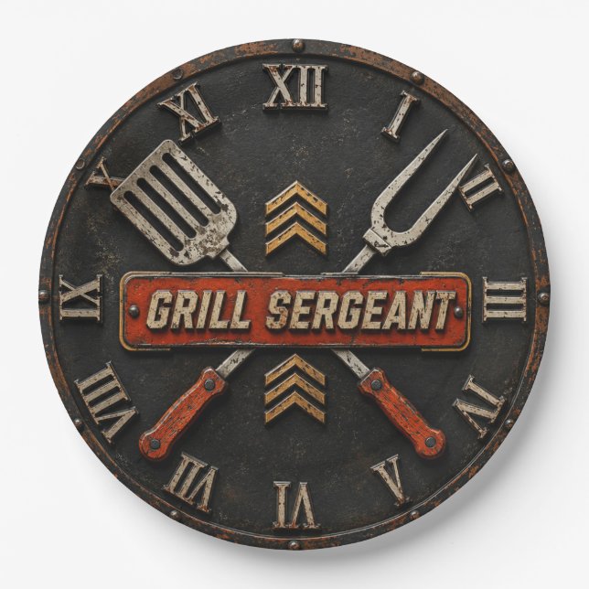 Prato De Papel Grill Sergeant Funny BBQ Grill Master Man Cave  (Frente)