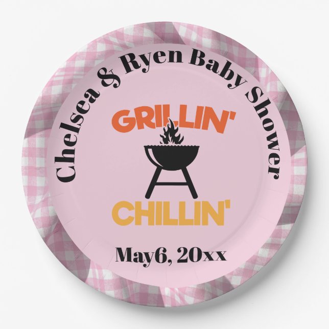 Prato De Papel Grillin&chillin Baby q Gingham baby shower  (Frente)