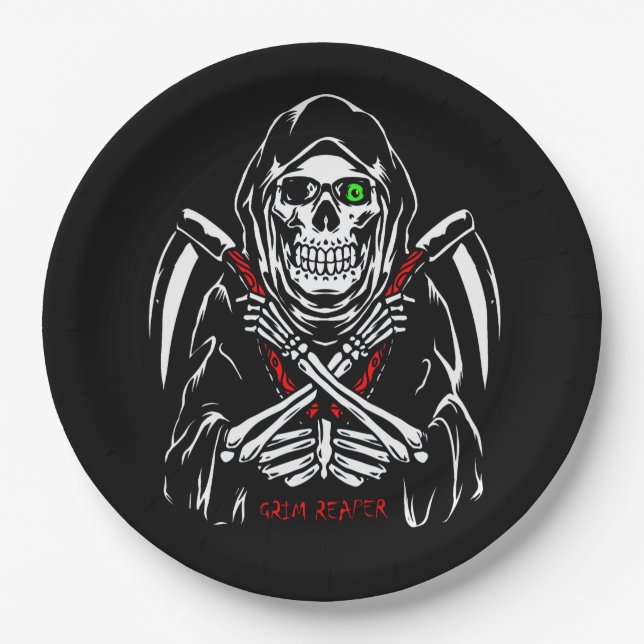 Prato De Papel Grim Reaper Scythe Death Skeleton Bones Halloween (Frente)