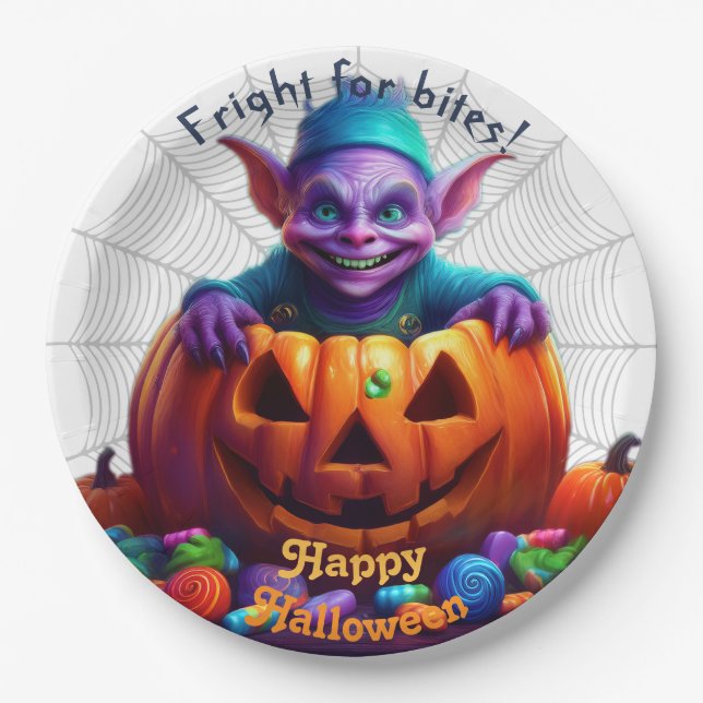 Prato De Papel Grimlin de Halloween com Doces de Doce ou Travesso (Frente)