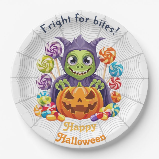 Prato De Papel Grimlin de Halloween com Doces de Doce ou Travesso (Frente)