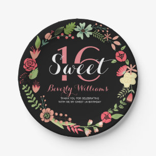 Prato De Papel Grinalda floral colorida no doce preto 16