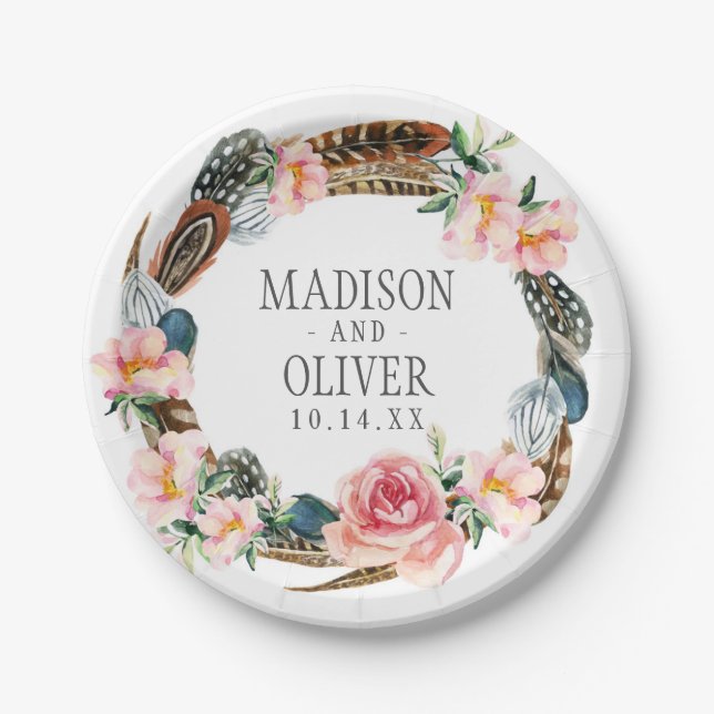 Prato De Papel Grinalda floral da aguarela com penas | que (Frente)