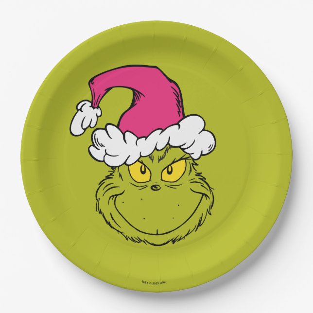 Prato De Papel Grinch com Chapéu de Papai Noel Rosa (Frente)
