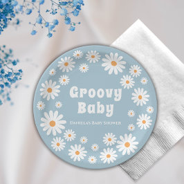 Prato De Papel Groovy Baby Boy Daisy 70s Chá de fraldas Retroativ