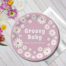 Prato De Papel Groovy Baby Girl Pink Daisy 70s Retro Chá de frald