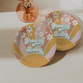 Prato De Papel Groovy Baby Retro Sunshine Chá de Bebê Hippie