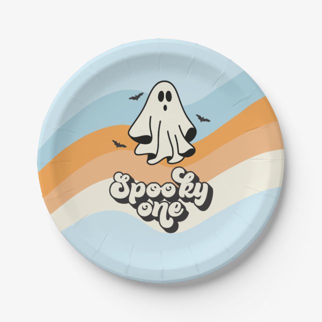 Prato De Papel Groovy Ghost retro Halloween Spooky Um Azul (Frente)