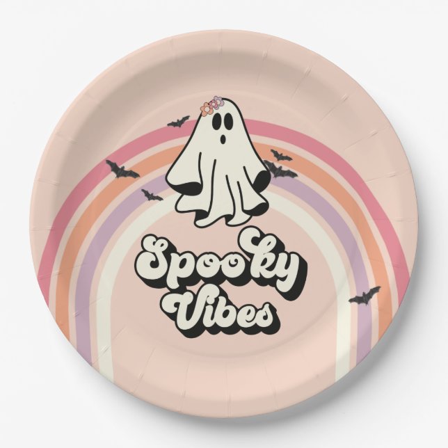 Prato De Papel groovy Ghost retro Halloween Spooky Vibes Aniversá (Frente)