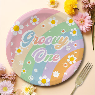 Prato De Papel Groovy One Boho Daisy Rainbow