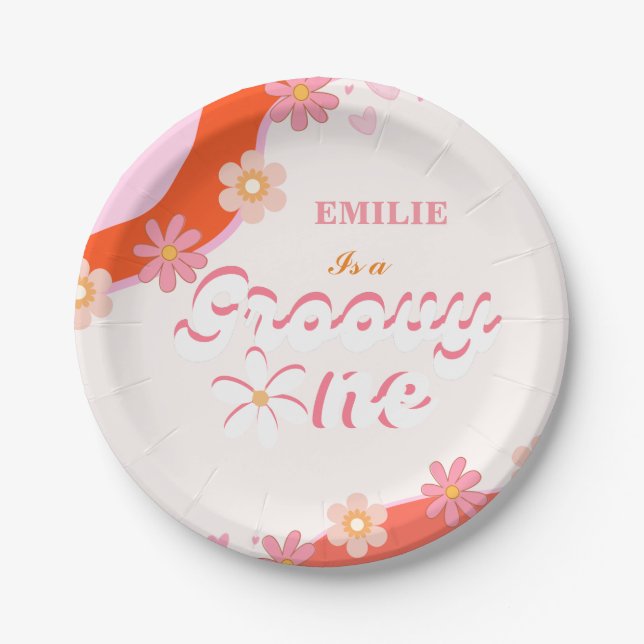 Prato De Papel Groovy One Party Boho Retro Daisy (Frente)