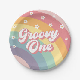 Prato De Papel Groovy One Retro 70s primeiro aniversario Rainbow 
