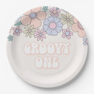 Prato De Papel Groovy One Retro floral pastel 1º aniversário