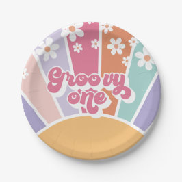 Prato De Papel Groovy One Retro Sunshine Rainbow Daisy
