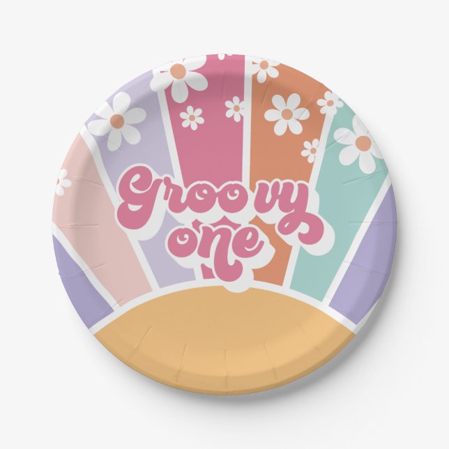 Prato De Papel Groovy One Retro Sunshine Rainbow Daisy (Frente)