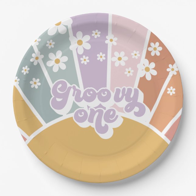 Prato De Papel Groovy One Retro Sunshine Rainbow Daisy (Frente)