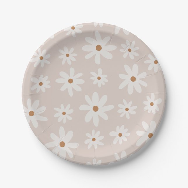 Prato De Papel Groovy Retro Light Brown Daisy Floral (Frente)