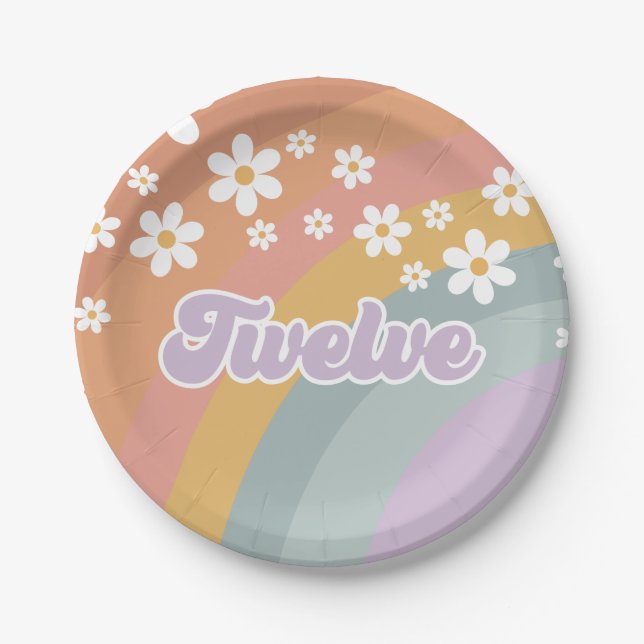 Prato De Papel Groovy Retro Rainbow 12 Aniversário (Frente)