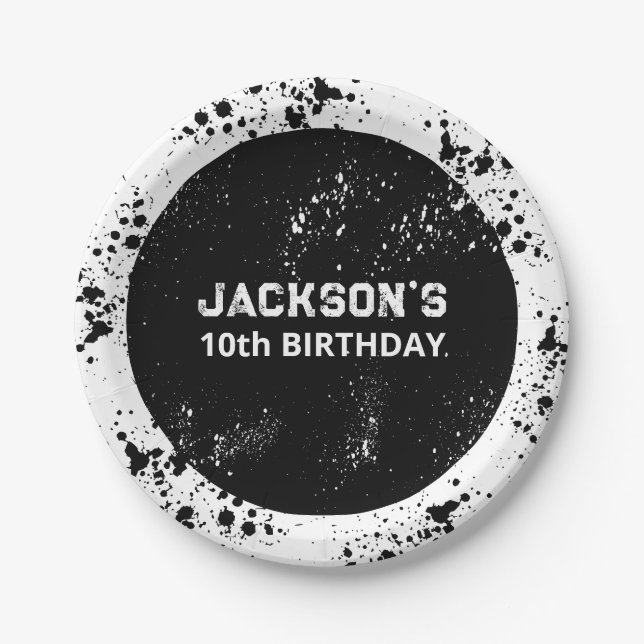 Prato De Papel Grunge Paint Splatter Black & White Birthday (Frente)