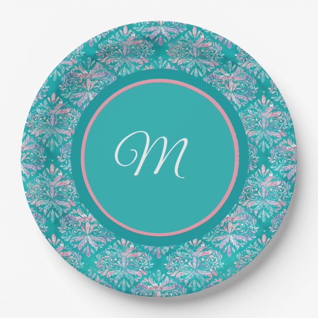 Prato De Papel Guardanapos com padrão azul-turquesa monogramados (Frente)