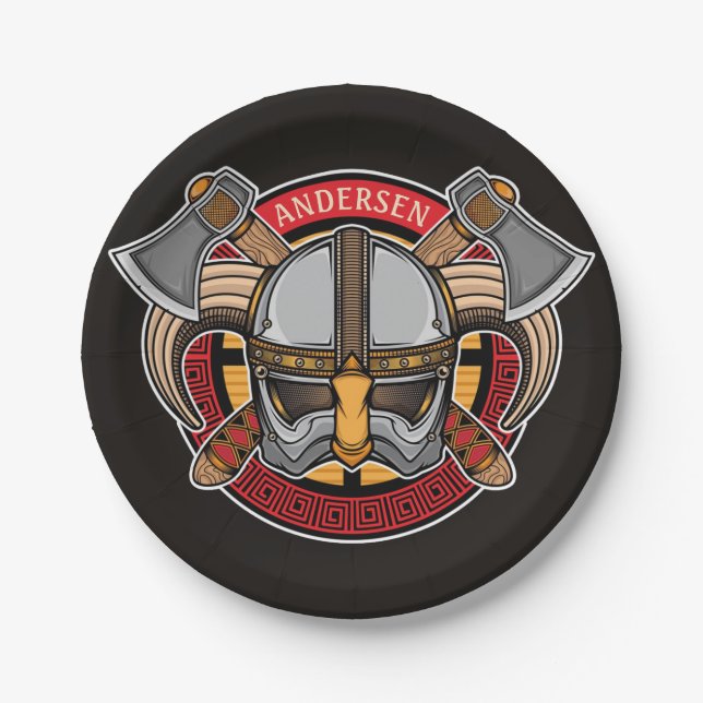 Prato De Papel Guerreiro Viking Nórdico ADICIONAR NOME Machados N (Frente)