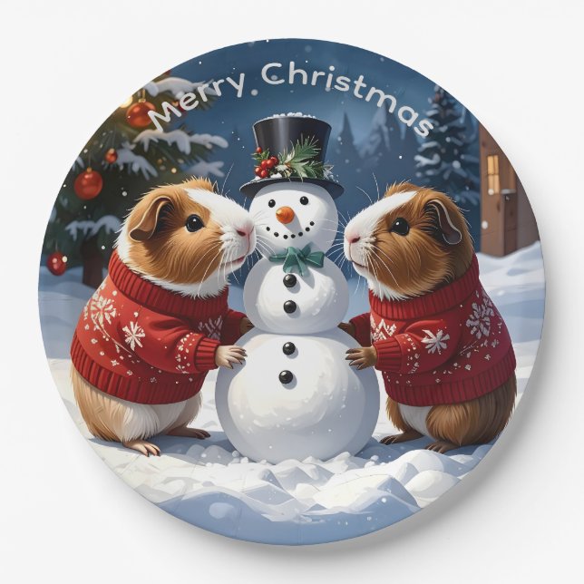 Prato De Papel Guiné Pigs & Snowman Natal (Frente)