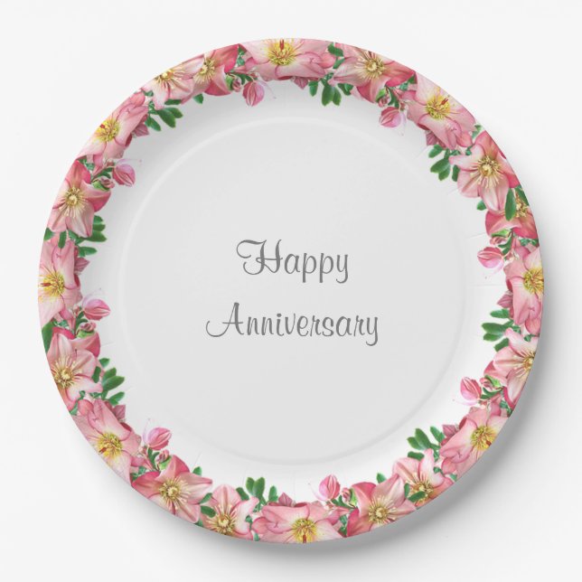 Prato De Papel Guirlanda de Flores Rosa em Branco Feliz Aniversár (Frente)